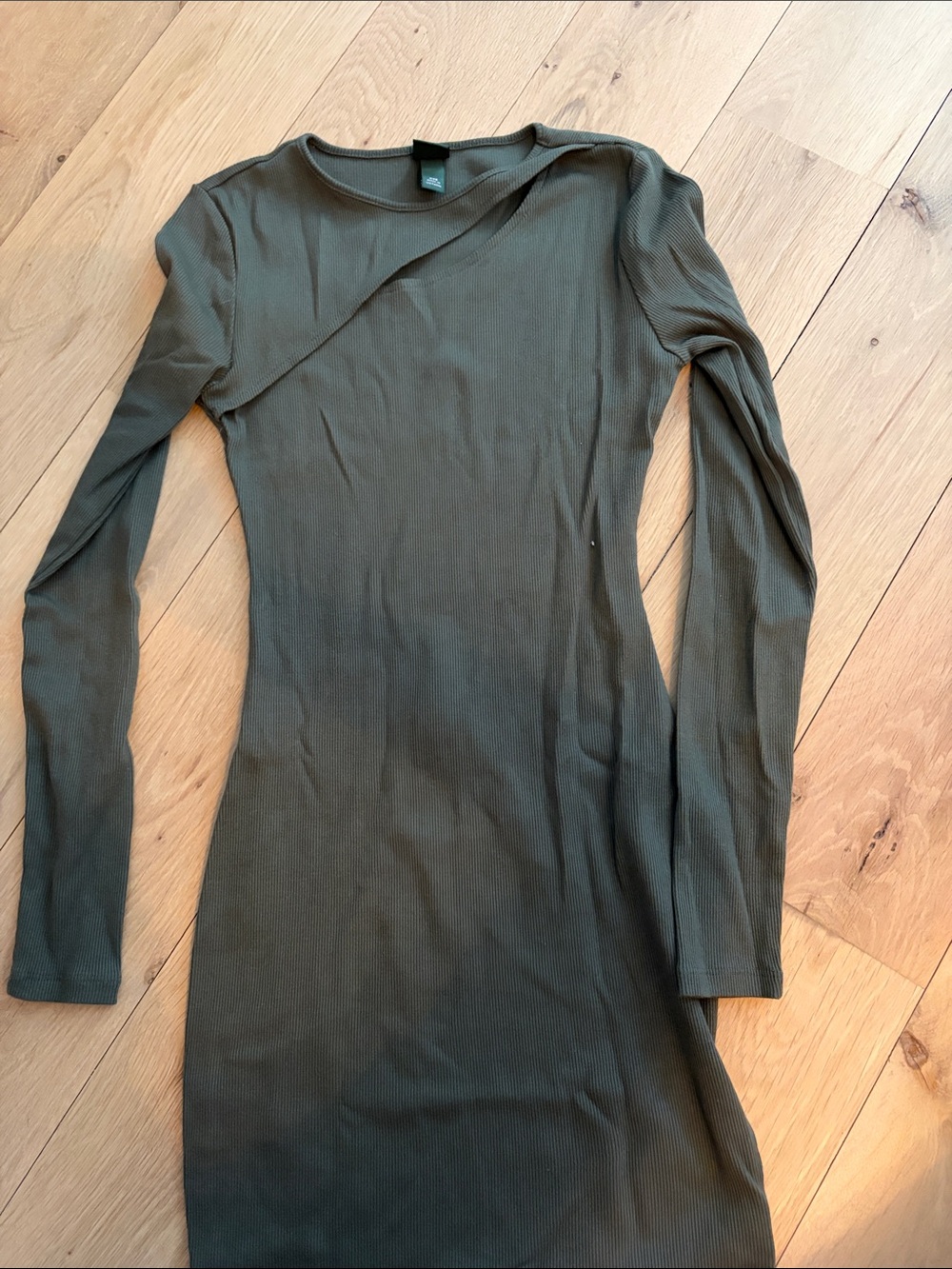 Olive Green Long Sleeve Ribbed Bodycon Dress